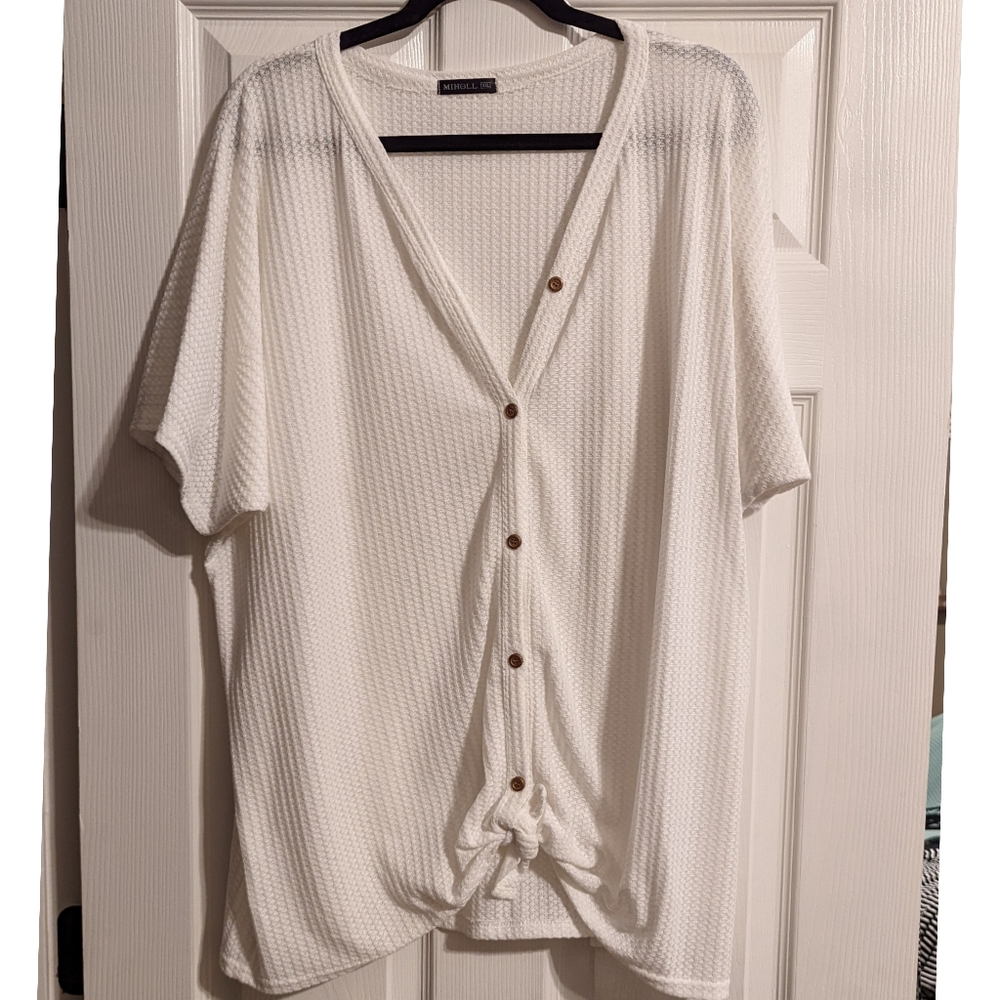 White Waffle Knit Button Up Short Sleeve Top size XXL
